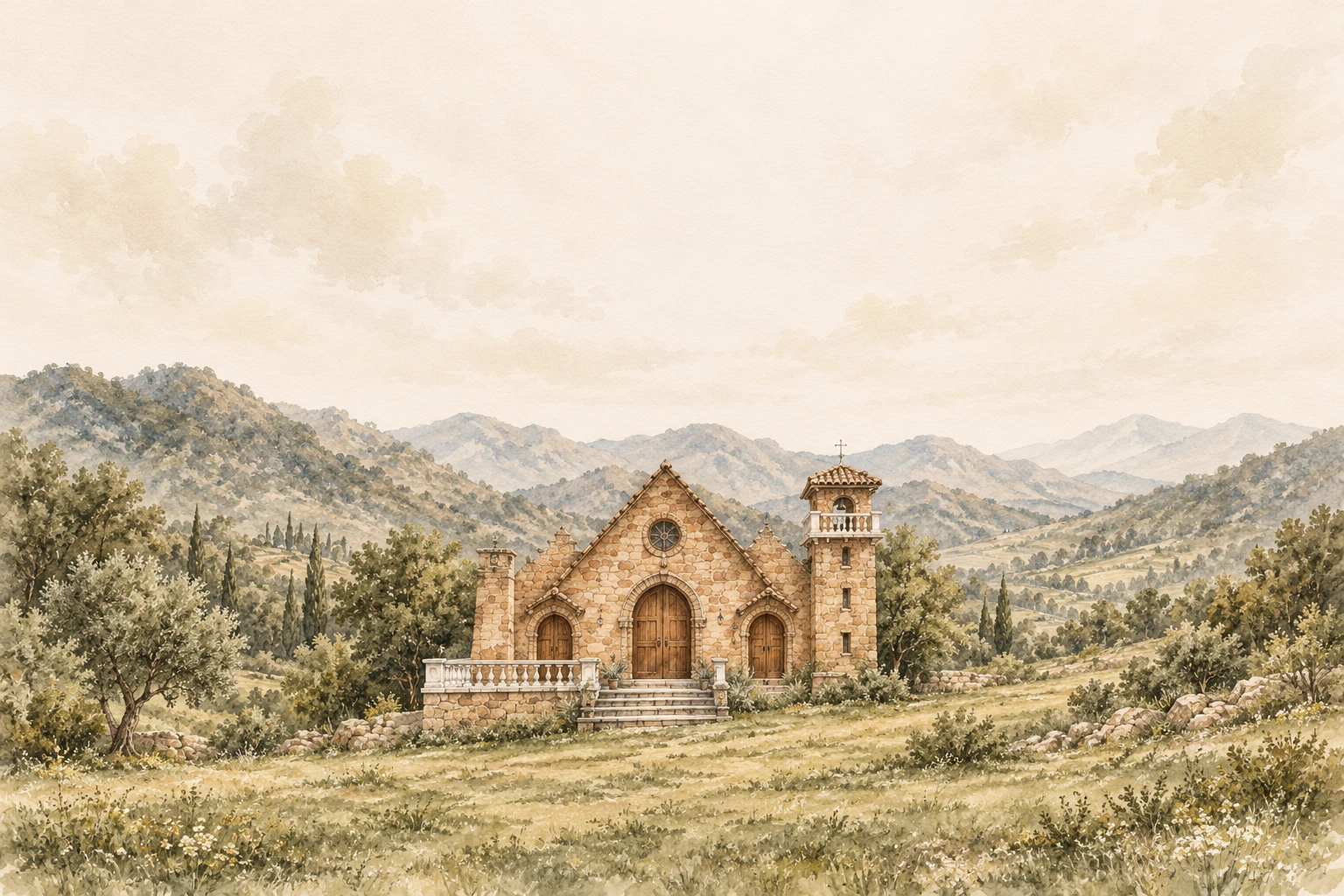 Ilustración en acuarela de la capilla de piedra de la referencia, entre las montañas de La Calera